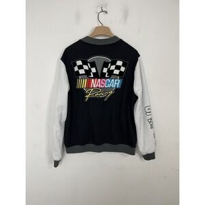 NASCAR Racing Jacket Large Varsity Jacket Snap Button Checkered Flag Black White